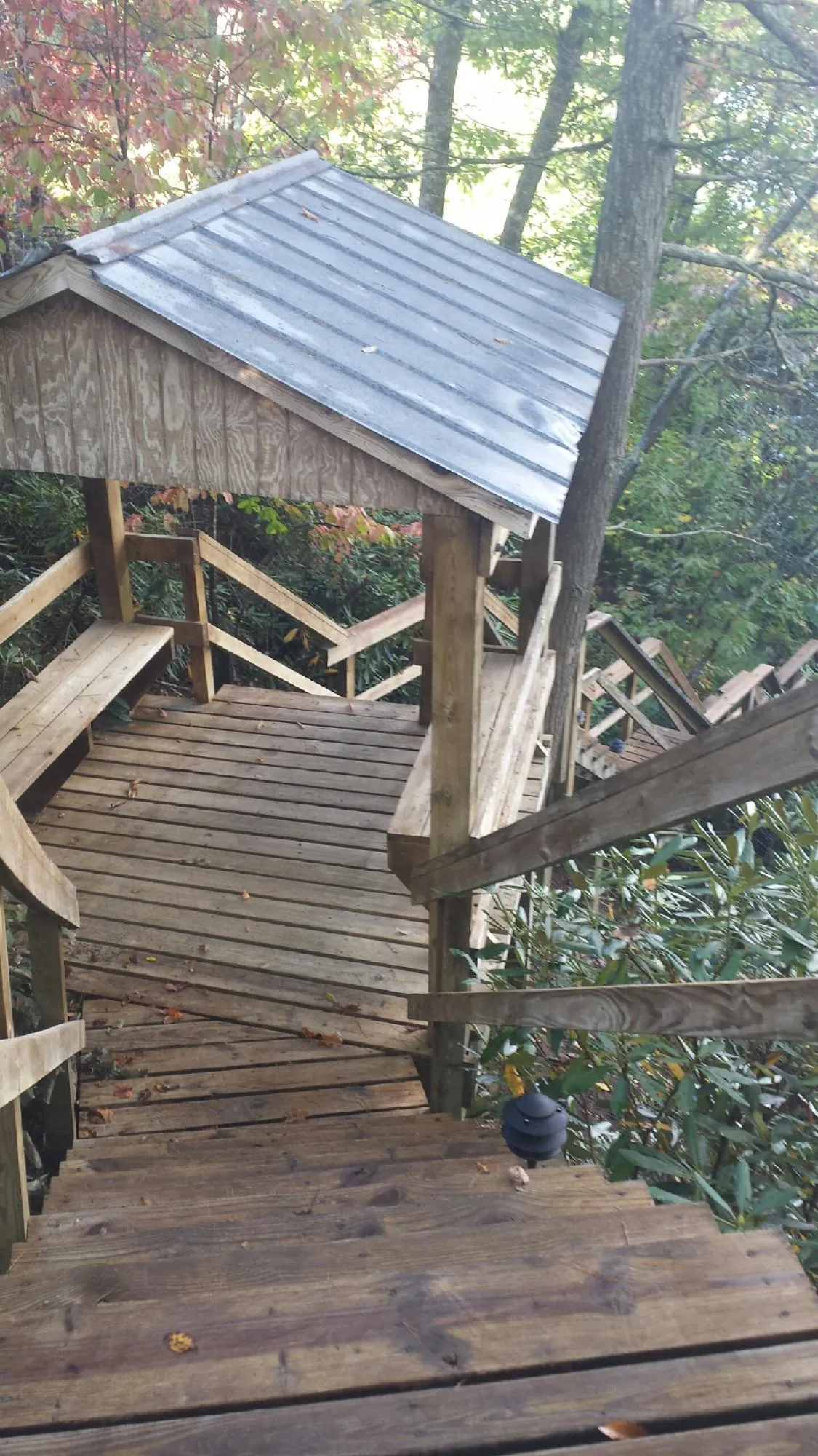 Metal roofed shelter over wooden steps on a wooded walkway — Skylight Repair & Installation work by our crew in Albemarle